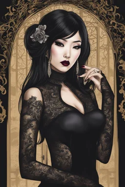 An attractive gothic Asian woman wearing a black dress, goth make up likely at a formal event or night out. She has a stunning look with her makeup and lipstick, drawing attention to her lips. The stylish dress and her passionate expression create an elegant and alluring atmosphere.