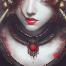 girl, cute, beautiful, Heterochromia eyes, red lips, black hair, steam punk, close up portrait by Greg Rutkowski