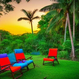 sunset in a tropical jungle with lawn chairs, blue red and yellow