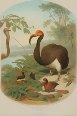 John James Audubon-like lithographic etching of a fully uncropped Dodo bird and a Platypus in a landscape of warm yellows, warm reds, and warm blues