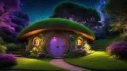 hobbit cottage in the woods surrounded by trees, night, fireflies, whimsical feel, pinks, blues, purple and green colors, circular hobbit-style door, circular hobbit-style windows, green grass roof, starlight, chiaroscuro, fireflies, quaint, homely