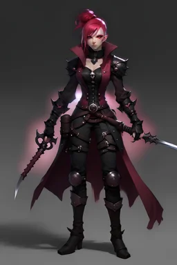 full body of a young man with large light brown eyes and spiky pink hair that's styled in an undercut fashion, with medium dark red leather armor, in a black coat, with dark red gems in her greaves and gauntlets, holding two curves black sword in both hands, with fight spirit in her eyes.