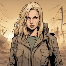 Portrait, brunette character with blond hair, t-shirt comic book illustration looking straight ahead, post apocalypse