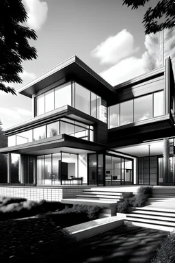 black and white architectural rendering of a contemporary luxury house