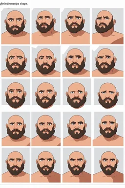 Create an image based on this text: Unifying the character to remain consistent in all angles and expressions while maintaining the facial features as seen in the pictures: 1. Fixed facial dimensions: Face shape: The face is round with a strong jaw and a medium beard, slightly chubby. These essential features should remain consistent in all angles. Eyes, nose, and mouth: The large eyes and wide nose should maintain their relative position in all expressions, as shown in the pictures. The mout