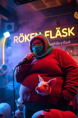 a very fat swedish girl, with skimask with called "Fröken Fläsk" performing at dance club, her name is "Fröken Fläsk" piglets On stage, yellow Neon lights and smog, and "FRÖKEN FLÄSK" big sign on the wall, she singing with mic, text in swedish! no translate mr. stable ai