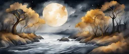 fantasy concept art forest with golden trees, coastline, stormy night sky, linear, watercolour