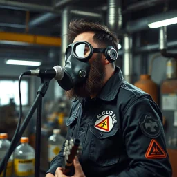 en skäggig motorcykelklubbs kille som försöker sjunga med en gasmask i en fabrik, livsfarliga kemikalier som lut och syra, varningsymboler, gasmasker, dom kallar honom för babyface för att ser så barnslig ut