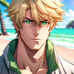 The handsome and perfect portrait is on Spruce Street, anime, blonde-haired and green-eyed male character on the beach for the magazine, 8K resolution, high quality, ultra graphics, and detailed with lines.