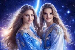 cosmic couple of beautiful women with long hair, light eyes and blue brightness tunic, with a little sweety smile, with his boyfriend as a sweety strong cosmic warrior in peace. in a background of stars and bright beam in the sky