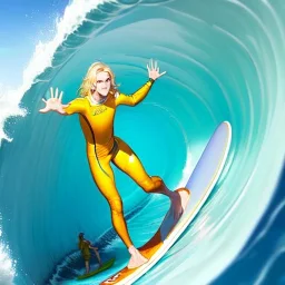 blonde hair anime boy surfing under a wave, make hands look realistic, standing up on a surfboard,wearing an orange wetsuit, make feet look realistic, standing on a surfboard, waves crashing all around him, make face look realistic, both feet on the surfbaord, hands outstretched on either side of his body