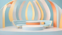 Generate a high-resolution photorealistic image of a 3D design of a modern set for a television talk show. Modern and elegant, with pastel, light blue, yellow and orange colors. The background of the stage with many geometric elements of various sizes in 3D, half arcs, triangles, circles, squares with a lot of relief ((classic Memphis style, Boho style, "Bauhaus")) with warm and cozy lighting. Panoramic stage divided into three zones, a glamorous entrance for guests to the center of the stage in