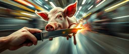 faster than a greased pig in a knife fight in a phone both on ai steroids. motion blurred background, speed and energy, goa trance poster