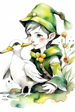 Watercolor black and white elf and a duck