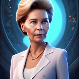 Ursula von der Leyen, 3d animation, Pixar Studio movie style, pixar's UP style, rounded face, wrinkles, big circular reflective eyes, large cheekbones, small chin, huge forehead, huge haircut, unreal engine cinematic smooth, cartoonish, portrait of a politician,