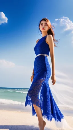 very nice real face beautiful sexy Woman with make up at the beach standing pose in a short lace dark blue and silver dress, full body, 3D coudy sky volumetric nice clouds 8k sharp focus