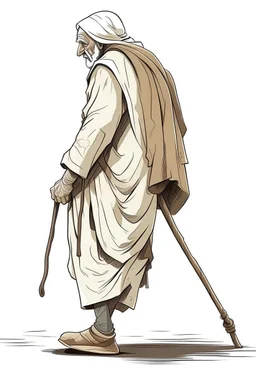 "Draw an old person wearing old traditional Arab clothes, hunched back, and walking with a cane."