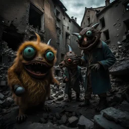 Close-up of ultra realistic odd monsters in a ruined city, after a war, vivid, ultra realistic, Hieronymus Bosch, hypermaximalist figures, light, Italian 1970's odd movie, hilarious, fine art, Minicavio Quollati style, photography by Marlost Endgulp, dark atmosphere, obsessive, 4k, sharp focus, 3d, photorealism