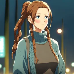 Pretty woman with reddish brown hair and light blue eyes and a pony tail with braids wearing a turtle neck sweater and having olive skin tone, slim and shapely build, by artist "anime", Anime Key Visual, Japanese Manga, Pixiv, Zerochan, Anime art, Fantia Studio Ghibli, Anime Key Visual, by Makoto Shinkai, Deep Color, Intricate,