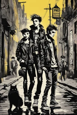 Design a detective book cover for teenagers. A teenage punk girl in the centre, one boy on her left, and one on her right are on the town street. Black cat. Banksy style, pop art style, mysterious atmosphere