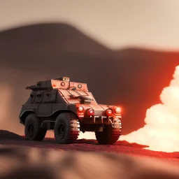 Gi joe driving White lunar armored rover with claw, lava field