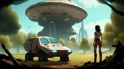 A skinny 50-year-old woman standing, hands on hips, in brown shorts, a shirt, and boots, standing next to a large, sleek cargo spaceship, sitting in a clearing, in a derelict alien city with trees and fungi in clumps.