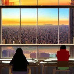  looking out of a window to a crowded city with many textbooks on the table japan sunrise computer with homework on it