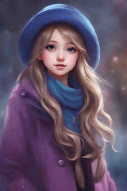 a girl with long hair wearing a blue hat and purple coat, realistic cute girl painting, cute detailed artwork, cute cartoon character, cute young girl, hd anime wallpaper, adorable digital painting, cute cartoon, beautiful character painting, kawaii realistic portrait, anime picture, digital cartoon painting art, anime hd wallpaper, cartoon painting, cute! c4d, cute cartoon style