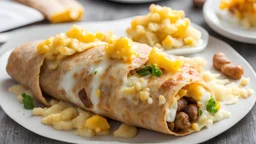 Breakfast burrito with sausage, scrambled eggs, hashbrown potatoes and cheese