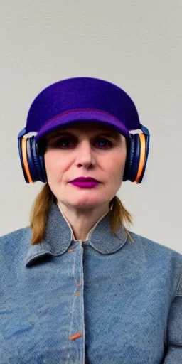 Whole real woman in the image. she has plum-blue-magenta-camouflage mantel and simple orange felt bolero.Felt cloth visor with tippet cobalt blue. SMALL FELT CAP is merged to Old AKG headphones with recognizable Golden rings! cloth materials are denim and felt cloth mixed. Fashion 2023. Colors: Cream white, zinc plate, red ochre, ochre, orange, cobalt blue, purple, lilac. Thick tights. Thick calves. She is in figure from top to toe.