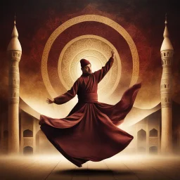 Hyper Realistic Sufi Whirling with Golden, Maroon & Brown Islamic Sufi Rustic Grungy Background with Islamic Architecture at night with Whirling wind