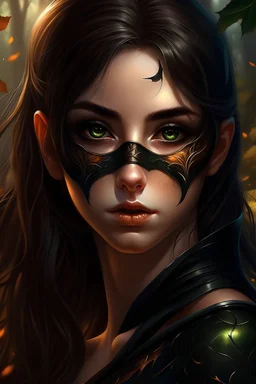 elf in black dress, black mask, ultra details, vibrant colors, sharp focus, 1 girl, dark hair, brown eyes