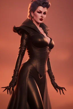 Lana Turner as evil queen in black leather, leather, busty, cleavage, angry, stern look. character design by cory loftis, fenghua zhong, ryohei hase, ismail inceoglu and ruan jia. unreal engine 5, artistic lighting, highly detailed, photorealistic, fantasy