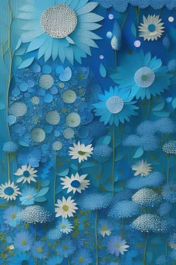 paper patchwork, Iridescent blue, daisy flowers, fairy's, sprites, trees, flowers, blue background