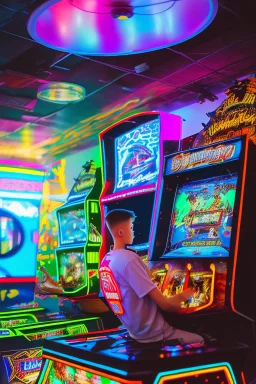 a millineal teenage boy is playing video arcade games, bright colored clothes from the 90s, hairstyles of that time, comic style