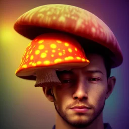 Portrait of a young man with a magic mushroom on his head, psychedelic style, 8k, HD, cinematography, photorealistic, Cinematic, Color Grading, Ultra-Wide Angle, Depth of Field, hyper-detailed, beautifully color-coded, insane details, intricate details, beautifully color graded, Cinematic, Color Grading, Editorial Photography, Depth of Field, DOF, Tilt Blur, White Balance, 32k, Super-Resolution, Megapixel, ProPhoto RGB, VR, Halfrear Lighting, Backlight, Nat