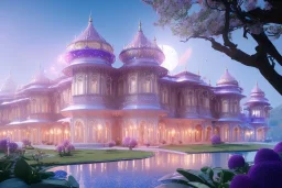 a magical crystal flower lys bougainvillier, blue gold house indian palace castle in the woods, , concept art, smooth, sharp focus, illustration, 8k, splash art, wallpaper, key visual