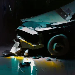 Minimal abstract oil paintings close up car parts and concrete fragments illuminated at night style of Justin Mortimer