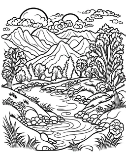 drawing with pen outline art for adults coloring book pages.nature landscape, white background, sketch style, only outlines used, cartoon style, lines, coloring book, clean lines, no background. White, Sketch style.