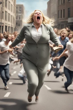 an obese terrified blonde woman crying and sobbing in a pant suit desperately running away from an angry mob of thousands of kids chase her down a city street throwing books at her