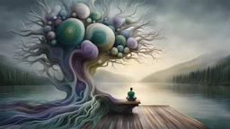 back to the camera on a beautiful amorph bench a figure sittings in pale gray t-shirt , beautiful blure landscape with deep green blure forests and overlooking the water of the nearby lake, calm, harmonious atmosphere, muted dark colors, purple, white, gray, green, blue, brown, silver, and pale colors, ,not too colorful colors, Whimsical style and giant stunning fade neuron network all over the sky, half shadow and half light picture, surreal stunning vibe