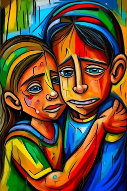 a girl hug her brother and both crying sadly, expressionism, Pixar style, in abstract art Basquiat, Picasso, Miro, Kandinsky, Klee, Birell, Fairey, Ardon, Buffet aand Picasso style, HD --s 750 --v 5.1 --style raw, water color