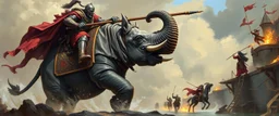 catapult on elephants back, knights and lances tournament, horses hit hard, oil and airbrush, epic fantasy illustration, black giant on vampire rhino with steel gauntlets, scared knights jumping into water, people climbing falling ladders on the castle walls, arbalests with fire and catapults