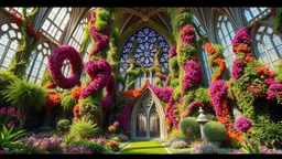 Botanical Cathedral: Imagine a grand, expansive structure composed entirely of interconnected flowers, vines and trees. The walls are a kaleidoscope of colors, with petals and leaves shimmering like stained glass. Style: Inspired by Gothic architecture and Impressionism.