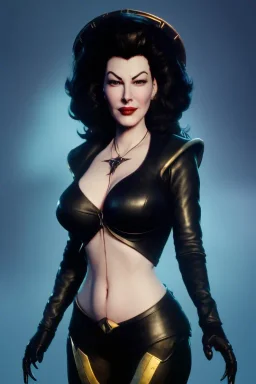 Ava Gardner as evil queen in black leather, busty, cleavage, curvy, angry, stern look. character design by cory loftis, fenghua zhong, ryohei hase, ismail inceoglu and ruan jia. unreal engine 5, artistic lighting, highly detailed, photorealistic, fantasy