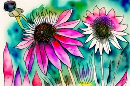 Create a surreal abstract watercolor and ink painting of an Echinacea in a garden. In the style of Paul Klee, Picasso, Matisse. Geometric. Map like qualities. Modifiers: elegant intricate beautiful high detail high definition crisp quality colourful zentangle