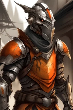 Teenage silver pale dragonborn wearing leather armor and battered helmet with transparent orange visor in the slums
