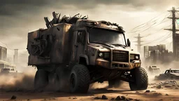 super power truck, apocalyptic mode, big wheels, weapons, dirty, dusty, on the desertic city, crashed bouldings, zombie atmosphere, apocaliptic, supervivence, running on street, gore, like the hell, no humans, just the truck, great details on picture, good interpretation of the A.I.