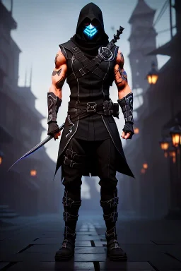 muscular ninja assassin, athletic build, wearing black and gray baggy pants with pockets, black hood and black balaclava mask, buckles, straps, pockets, daggers around arms, tan skin, big boots, dark hazel eyes, eyes are both in proportion, 3/4 look, standing, dark cobblestone alley, one halo candle light behind head, intense, non photorealistic rendering in the art style of j.scott campbell