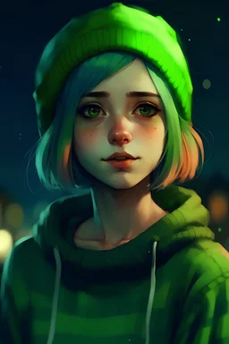 masterpiece, best quality, 1girl, green hair, sweater, looking at viewer, upper body, beanie, outdoors, watercolor, night, turtleneck